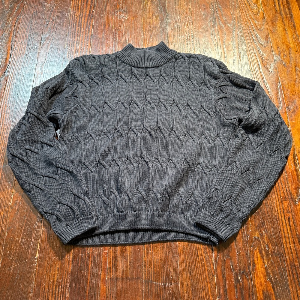 Vintage 90s Wainscott Sweater Women M Black Cable Knit Mock Neck Hong Kong